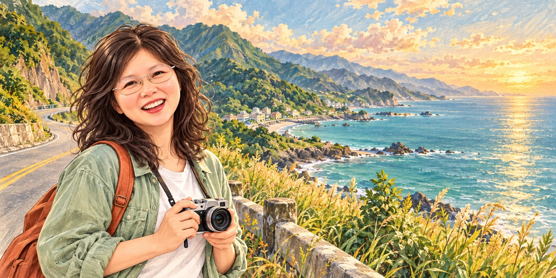 為美玲畫的海岸旅行明信片：她笑著拿相機，身後是山、海與蜿蜒公路。